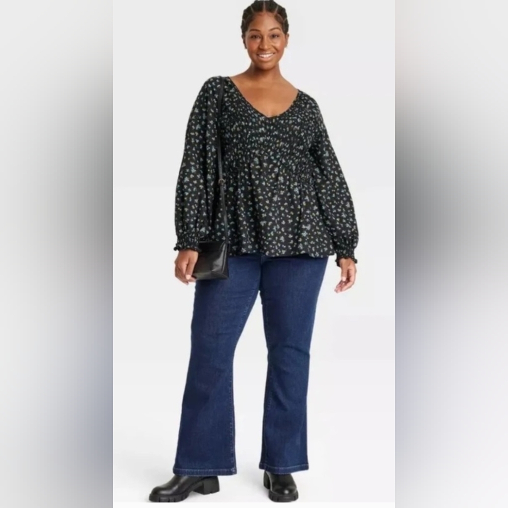 Ava & Viv Black Floral Smocked Empire Waist 100% Cotton Blouse